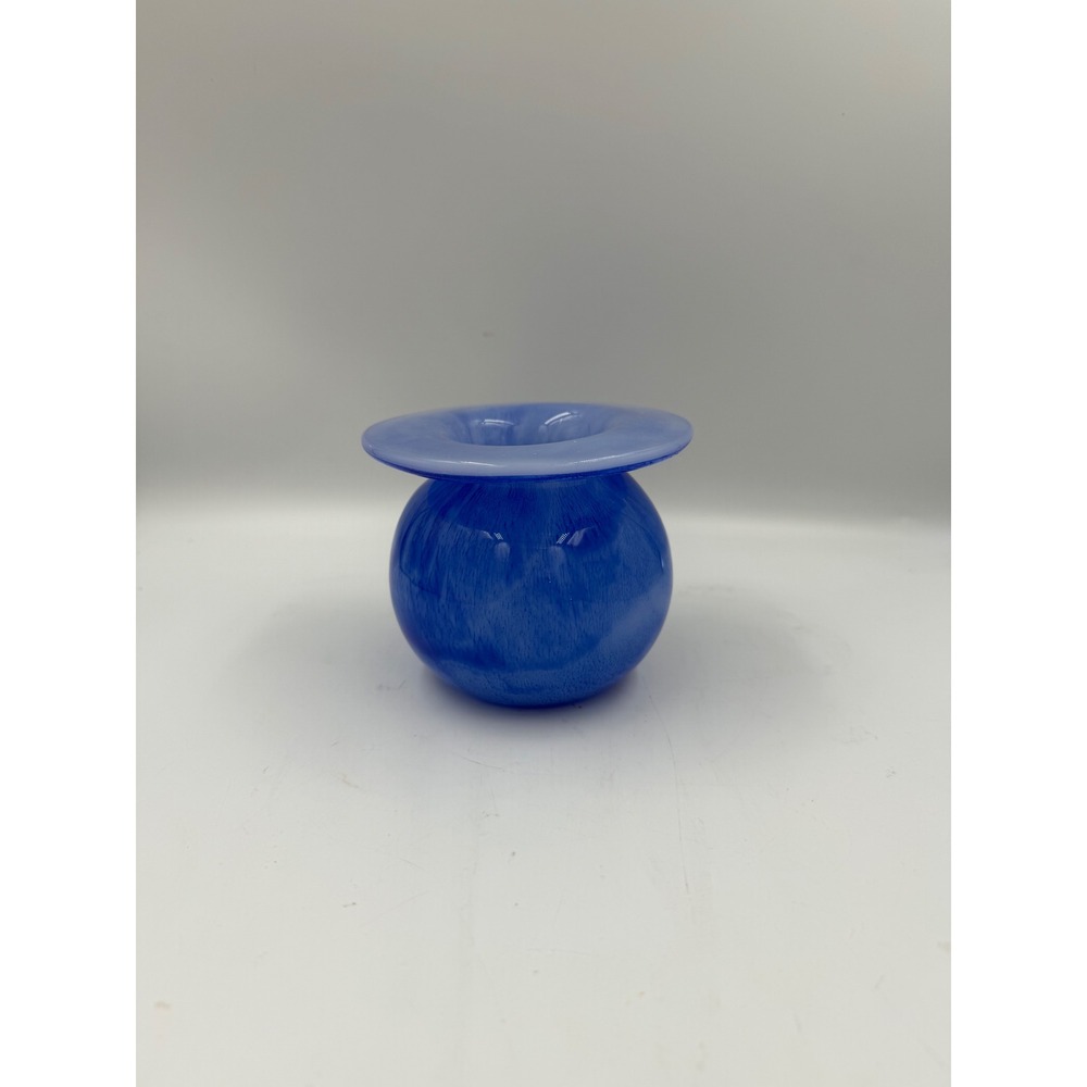 Abigail's Miss Ellie Blue Art Glass Bud Vase Squat Wide Rim 4.5" Signed Base